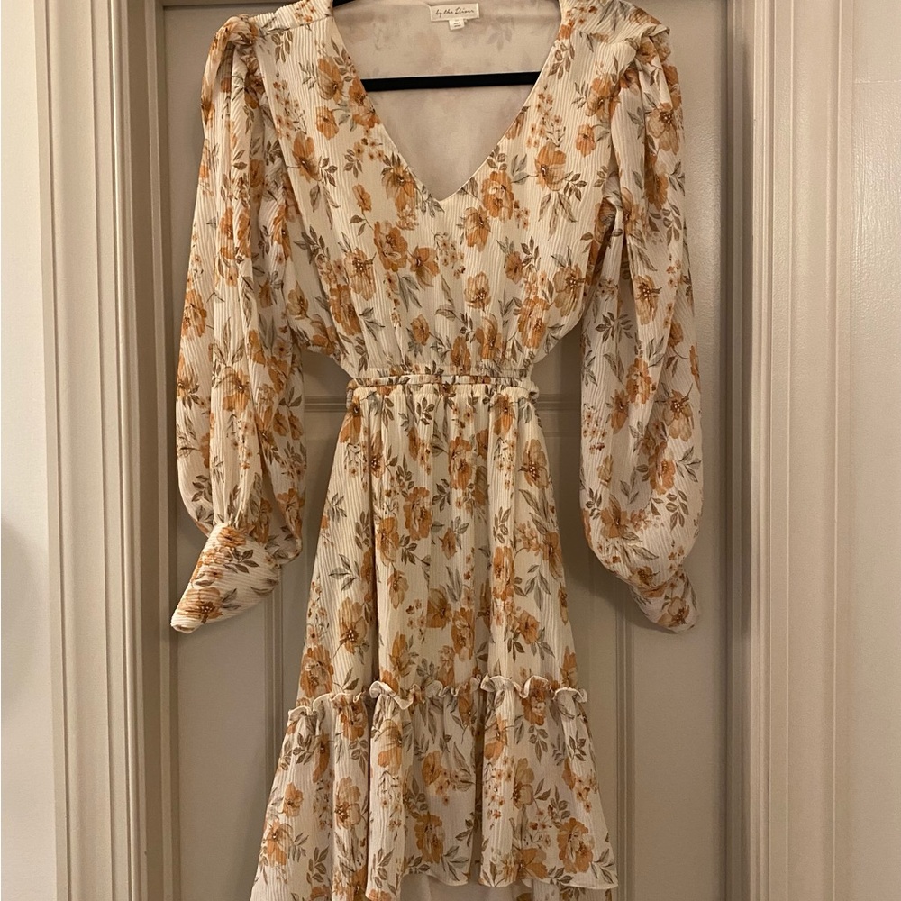 Floral V-Neck Long Sleeve Mini Dress in Cream and Mustard with Open Lower Back